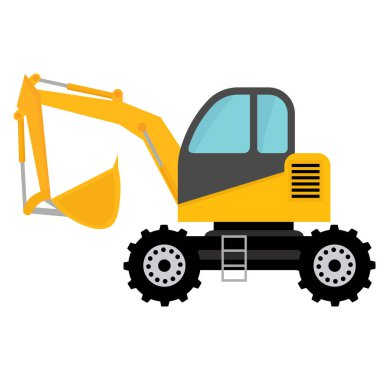 Beyaz arkaplanda izole edilmiş sarı kazıcı düz vektör çizimi, ağır inşaat ekipmanları, çizgi film kazıcı klipsi sanatı, kazıcı kazıcı tırnak makinesi