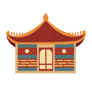 Antik Çin binası imajı, geleneksel Asya sarayı, Japon evi klibi, karikatür Kore etnik evi düz illüstrasyon.