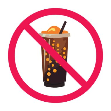 Tatlı içecek işareti yok, yasak boba çayı, yasak kahve sütlü çay, tatlı içecek yasaklama işareti, vektör çizim elementleri