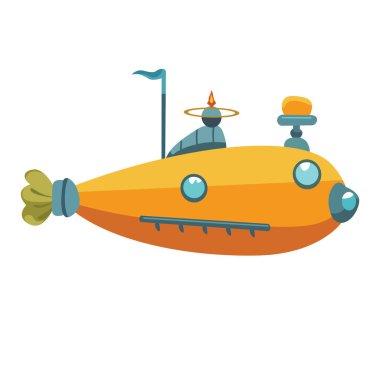 Çizgi film denizaltı klip sanatı, sevimli sarı denizaltı vektör çizimi, beyaz arka planda izole edilmiş.