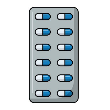 İlaç paketi düz ikon vektör illüstrasyonu, su toplayan ilaç paketi klipsleri, ilaç kapsülleri, kapsüller ve hap kabarcıkları, beyaz arka planda izole edilmiş.