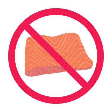 Yasak balık fileto eti işareti, somon alabalığı eti yasak sembolü, kırmızı dur işareti, yasaklama sembolü yok.