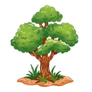 Ağaç klipsi sanatı, karikatür ağacı illüstrasyon vektörü, el çizimi suluboya resim tarzı, kırpma sanatı ağaçları.