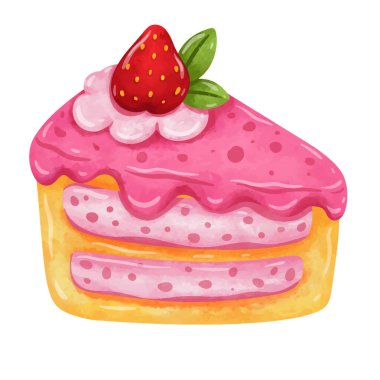 Pembe kek illüstrasyon vektörü, pasta klipsli sanat, klipsli sanat pastası, el çizimi suluboya pasta dilimi.