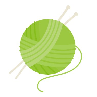 Örgü iğneli yeşil iplik topu, tel klipsli sanat, tel toka sanatı, düz tasarım vektör çizimi, çizgi film örgü ipliği 