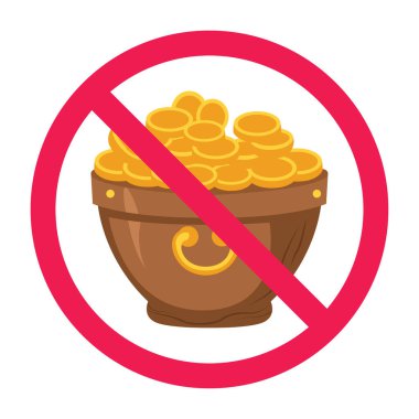 Altın sikke simgesi, hazine sandığı yasaklama işareti, hazine sembolü yok, düz ikon tasarım vektör çizimi