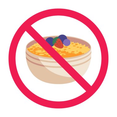 Yulaf lapası sembollü yasak tabela, yulaf ezmesi yasaklama işareti, yassı ikon tasarım vektör çizimi