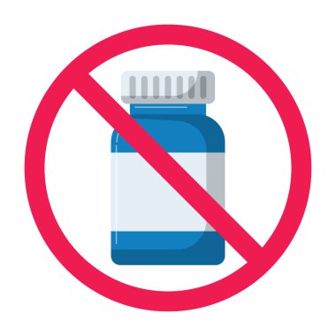 İlaç şişesi ikonlu yasak tabela, ilaç işareti yok, uyuşturucu yasağı işareti