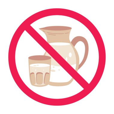Süt sürahisi ikonlu yasak tabela, işaret yok, süt içme yasağı sembolü 