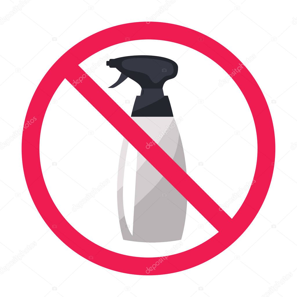 Forbidden sign with spray bottle icon, no spray bottle sign,  spray gun prohibition sign, no water sprayer symbol