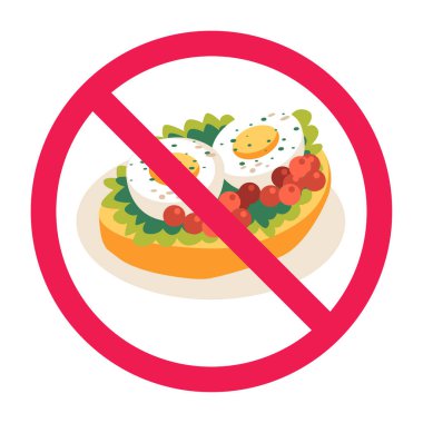 Yiyecek işaretine izin yok, yeme sembolü yok, vektör çizimi, beyaz arka planda izole edilmiş. 