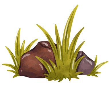 Taş klipsleme sanatı, çim illüstrasyon vektörlü kaya, yeşil yosunlu taş yığını, el çizimi suluboya boya tarzı, kaya klipsi sanatı.