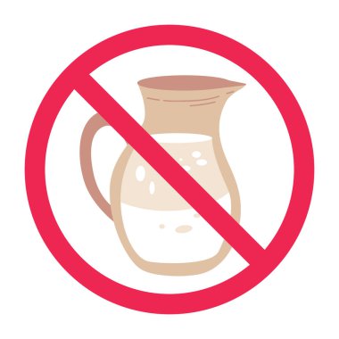 Yasak süt işareti simgesi. Süt işaretine izin yok. Alerji uyarılarında, laktoz intolerans uyarılarında, vejetaryen gıda etiketlemesinde ve beslenme kısıtlama ikonlarında kullanım için ideal
