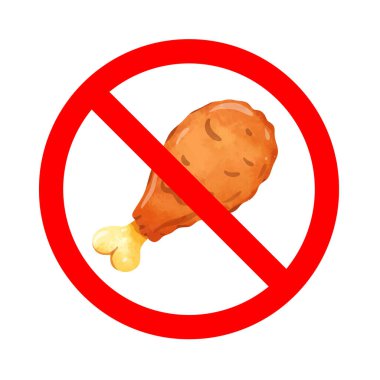 Tavuk budu ikonlu yasak tabela, kızarmış tavuk işaretine izin yok, tavuk budu yasaklama sembolü, tavuk eti işareti yeme.