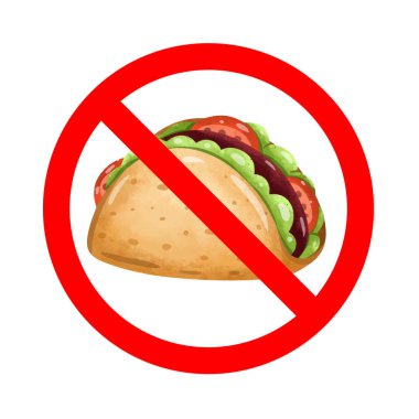 Taco ikonlu yasak tabela, taco yasak işareti, taco yasak işareti, taco tabelası yemeyin.