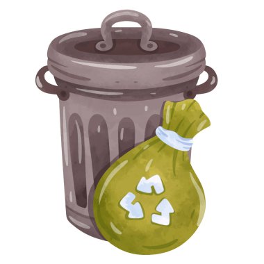 Çöp kutusu illüstrasyonu, çöp kutusu klipsleme sanatı, klipsli sanat çöpü, çöp kutusu klipsi sanatı, çöp tenekesi klipsi, elle çizilmiş çöp torbası suluboya tarzı, çöp poşeti çizimi, beyaz arkaplanda izole edilmiş çöp kutusu.