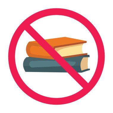 Yasak kitap işareti, kitaplara izin yok, kitaplara ihtiyacınız yok, ders kitapları yasaklama işareti, yassı ikon vektör tasarımı