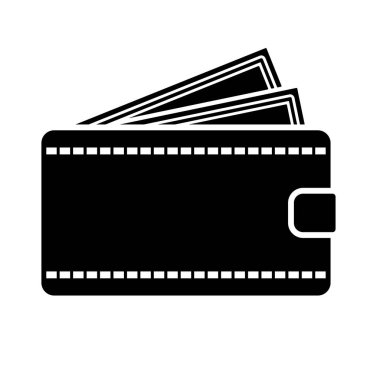 Kağıt para ikonu vektör illüstrasyon, siyah beyaz, cüzdan klipsli sanat, basit cüzdan ve banknotlar siluet, nakit klipsleme sanat, klipsleme sanat nakit