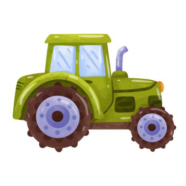 Suluboya el boyalı traktör, yeşil traktör vektör çizimi, el çizimi suluboya boya tarzı, traktör klipsi sanatı, klipsli sanat traktörü, beyaz arka planda izole edilmiş.