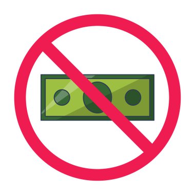 Kağıt para ikonlu yasak tabela, para yok imza yok, kağıt para yasağı sembolü, ödeme yok, nakit işareti yok, beyaz arka planda izole edilmiş.