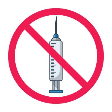 Şırınga ikonlu yasak işaret, aşı işareti yok, uyuşturucu enjeksiyonu işareti yok, şırınga yasağı işareti, uyuşturucu sembolünü durdur.