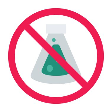 Kimya şişesi ikonlu yasak tabela, kimyasal deney işareti yok, Erlenmeyer içki yasağı işareti, laboratuvar sembolü yok.