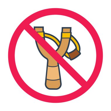 Forbidden sign with sling shot icon, no slingshot toy allowed sign, wooden catapult toy prohibition sign, do not play slingshot symbol
