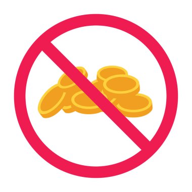 Madeni para işareti vektörü yok, yasak para para ikonu, bozuk para ödeme sembolünü durdur, yazı-tura atmana izin verilmiyor, madeni para para grafiği yasaklandı