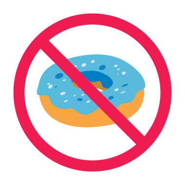 Donut tabelası yok, donut tabelası yok, çörek tabelası yemeyin, tatlı yemek ikonu yasak, kırmızı işaretli mavi çörek.