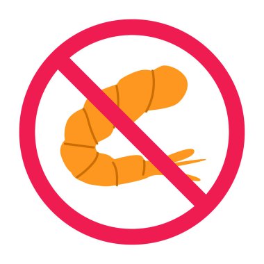 Pişmiş karides işareti, yasak karides ikonu, pişmiş karides yasaklama sembolü, karides alerjisi uyarı işareti, karides yeme işareti, deniz ürünleri kısıtlama simgesi