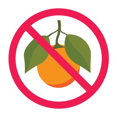 Turuncu meyve ikonlu yasak tabela, turuncu yasak işareti, beyaz arka planda izole edilmiş turuncu sembol yemeyin.