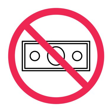 Kağıt para işareti yok, kırmızı çarpı işaretli kağıt para, nakit ödeme ikonuna izin yok, banknot kısıtlama sembolü, yasak para işareti