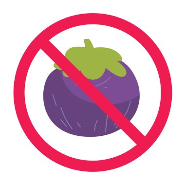 Mangosteen meyvesi yok, yasak mangosteen işareti yok, mangostan meyve sembolü yok, düz vektör çizimi yok.