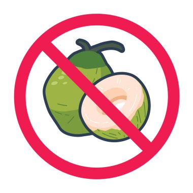 Yeşil hindistan cevizi işareti yok, yasak hindistan cevizi işareti, kelapa hijau sembolü tüketme, vektör illüstrasyonu