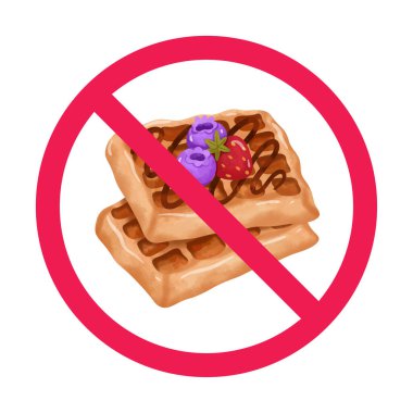 Waffle yasak işareti, waffle işareti yok, tatlı yemek yasağı sembolü, düz vektör çizimi
