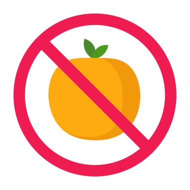 Turuncu işaret yok, yasak turuncu meyve işareti, turunçgil meyvesi sembolü yemeyin, düz vektör çizimi