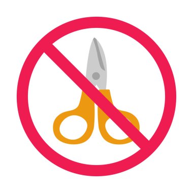 Makas yasaklandı işareti, kesme aracı simgesi yok, sivri nesne yasaklandı işareti, vektör düz illüstrasyon