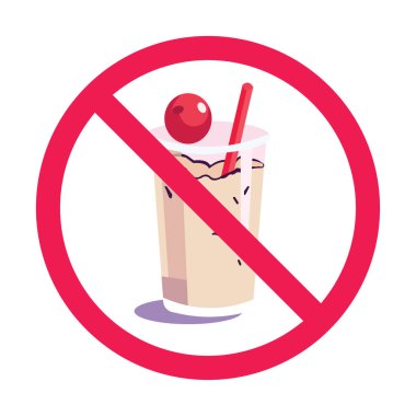 Boba çayı işareti yok, tatlı içecek yasak işareti, şekerli içecek yasak sembol, düz vektör çizimi