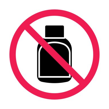 İlaç şişesi ikonlu yasak tabela, ilaç işareti yok, vitamin takviyesi yasak sembol, uyuşturucu yasağı illüstrasyonu