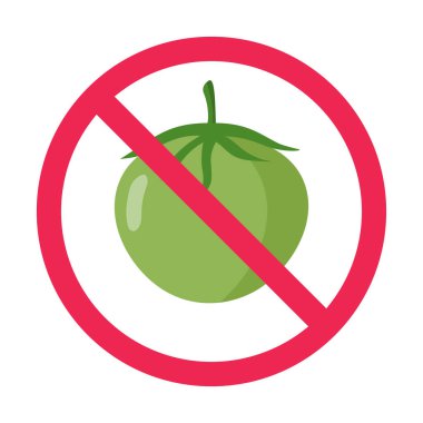 Yeşil domates işareti yok, olgunlaşmamış domates ikonu, çiğ domates ve sebze yasağı illüstrasyonu yasak.