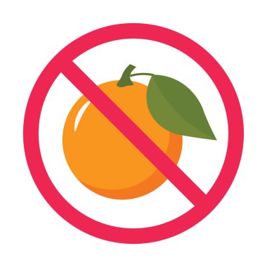 Turuncu meyve ikonlu yasak tabela. Turuncu meyve tüketim işareti yok. Turuncu meyve sembolü yemeyin.