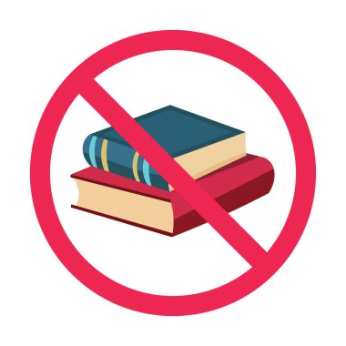 Kitap işareti simgesi yok, kitap işareti okumayın, kitap okuma yasağı sembolü, düz vektör illüstrasyonu