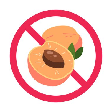 Kayısı işareti yok, kayısı meyvesi yasak simgesi, taş meyvesi yasak sembol, düz vektör illüstrasyonu