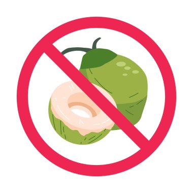 Hindistancevizi işareti yok, yeşil hindistan cevizi işareti yok, yeşil hindistan cevizi sembolü yemeyin, düz vektör çizimi