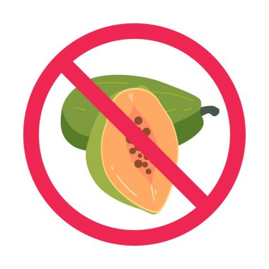 Papaya işareti yok, yasak papaya meyvesi işareti, pawpaw meyvesi yasak sembol, düz vektör çizimi