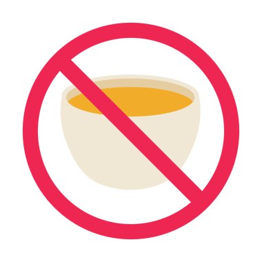 Çay ikonlu yasak tabela, çay içeceği yasak sembol, çay tabelası yok, sıcak içecek yasak, düz vektör illüstrasyonu yasak.