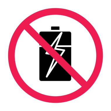 Pil işareti yok, yasaklı pil sembolü, pil yasaklı simge, pil kullanmayın, düz vektör resimleme