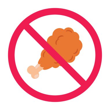 Kızarmış tavuk işareti yok, yasak tavuk budu sembolü, tavuk budu yasak işareti, yüksek yağ ve yüksek kalorili yemek yasağı, sağlıksız diyet kısıtlama ikonu