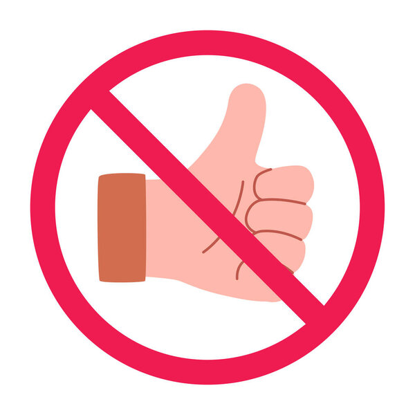 Никакие большие пальцы вверх знак, запретные большие пальцы вверх знак, как запрещенный символ, не нравится символ, плоская векторная иллюстрация