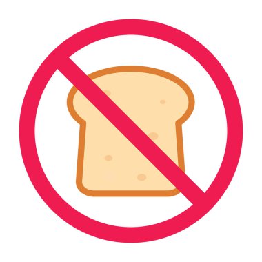 Ekmek işareti yok, yasak ekmek işareti, sade ekmek yasak sembol, un yemeği yeme işareti, yüksek karbonhidrat kısıtlama sembolü, yassı vektör çizimi